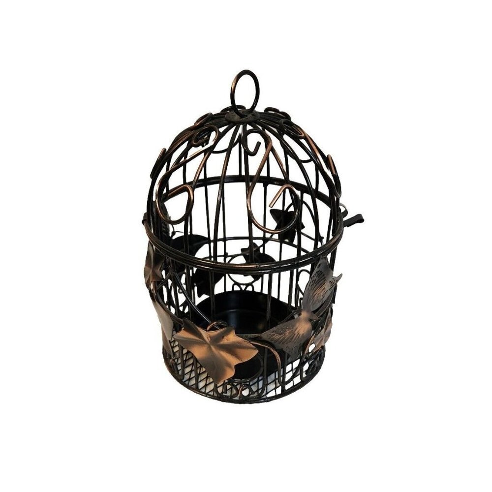 Black Bronze Metal  Hanging Bird Cage Candle Holder Leaves Butterflies 6in High